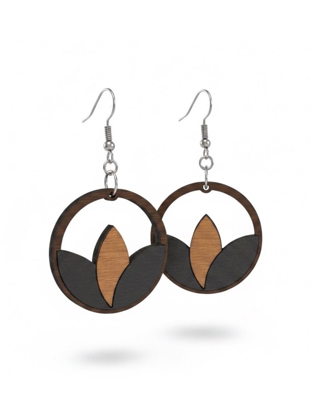 Round Wooden Drop Earrings with Leaf Motif - Brown & Black